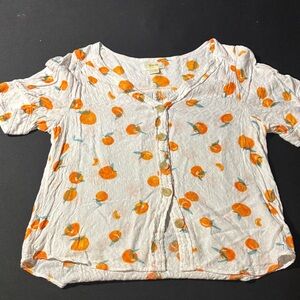 Anthropologie White Button-Front Top with Orange Print